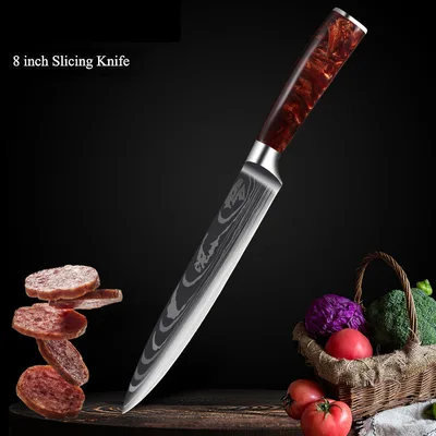 Red Resin Handle Damascus Laser Pattern Set Kitchen Knife Meat Cleaver - Shop at LoveMi