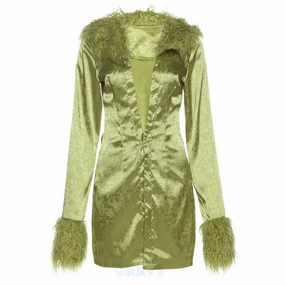 Long Sleeve Lace up Cardigan Fur Collar Coat Green - Shop at LoveMi