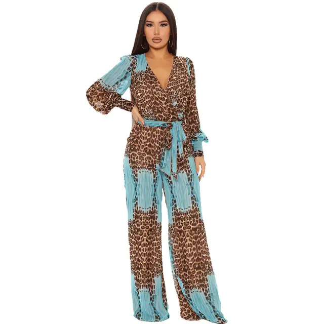 Fashion Digital Printing Long V neck Chiffon Jumpsuit Blue - Shop at LoveMi