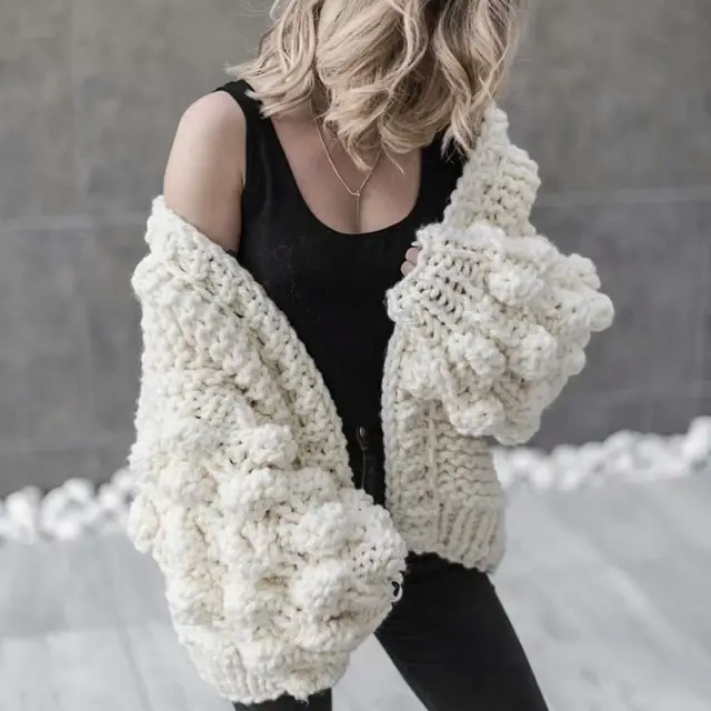 Handmade Knit Sweater Short Three dimensional Ball Lantern Sleeves White - Shop at LoveMi