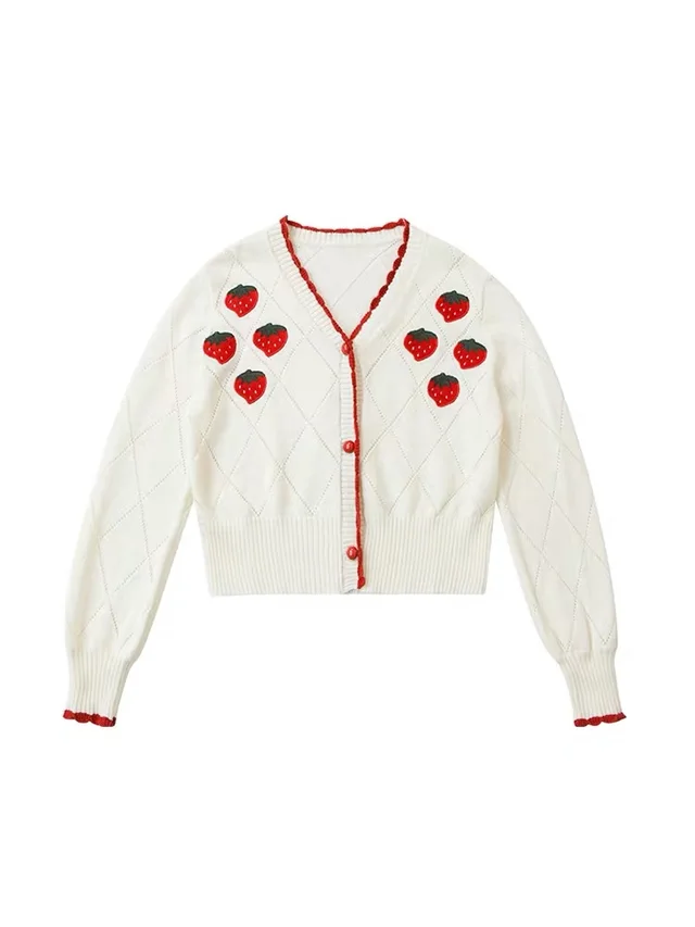 Strawberry Embroidery Small Tall Knit Jacket White - Shop at LoveMi