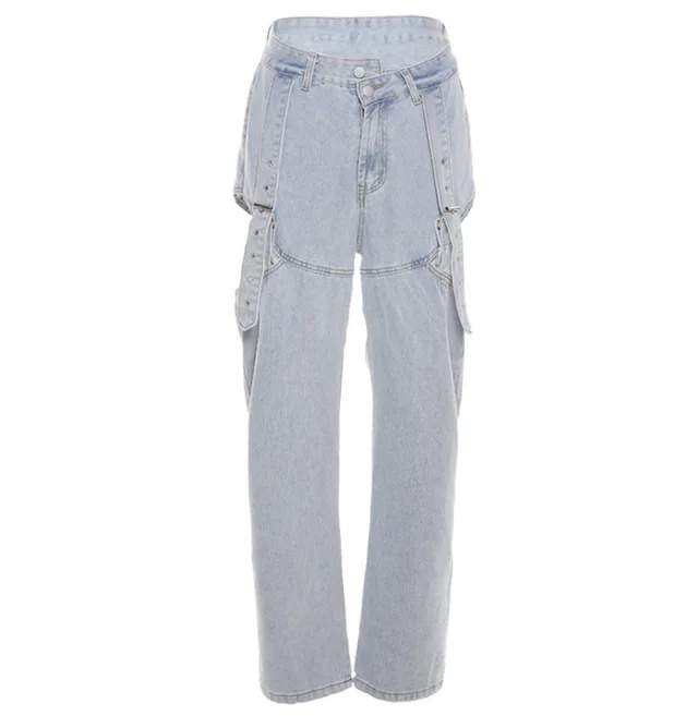 Loose fitting Casual Denim Wide leg Pants Light Blue - Shop at LoveMi