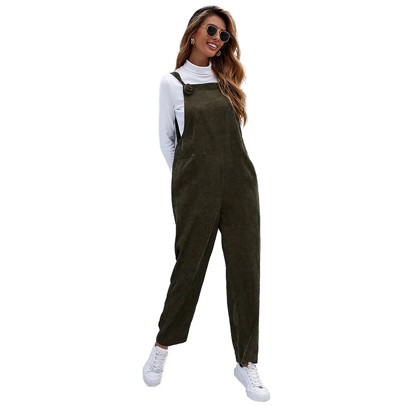Fall Casual Loose Corduroy Solid Color Strap Ladies Jumpsuit Army Green - Shop at LoveMi
