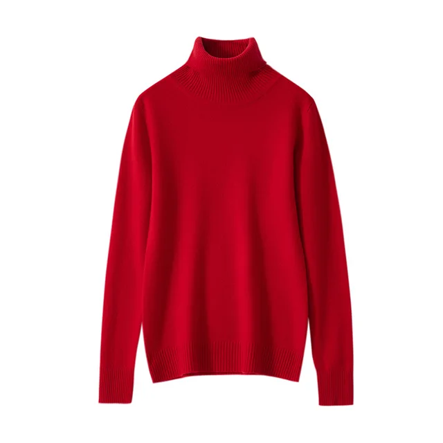Pure Cashmere Sweater Women High Neck Knitted Bottoming Shirt Big Red - Shop at LoveMi