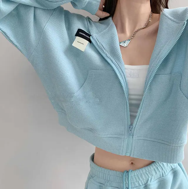 Short Long Sleeve Waffle Loose Hooded Sweatshirt Baby Blue - Shop at LoveMi