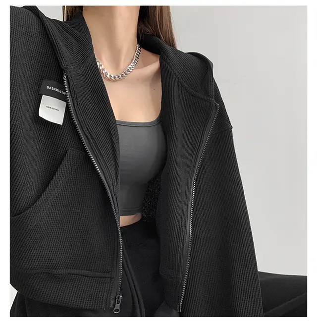 Short Long Sleeve Waffle Loose Hooded Sweatshirt Black - Shop at LoveMi