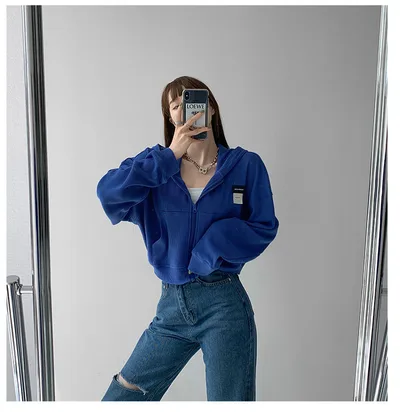 Short Long Sleeve Waffle Loose Hooded Sweatshirt Royal - Shop at LoveMi