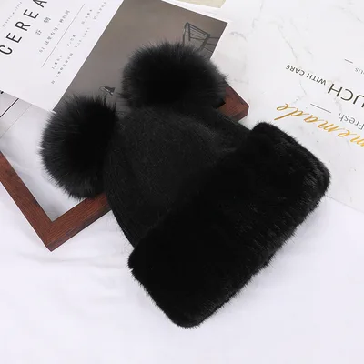 Knitted Rabbit Fur Blended Fox Fur Ball Black - Shop at LoveMi