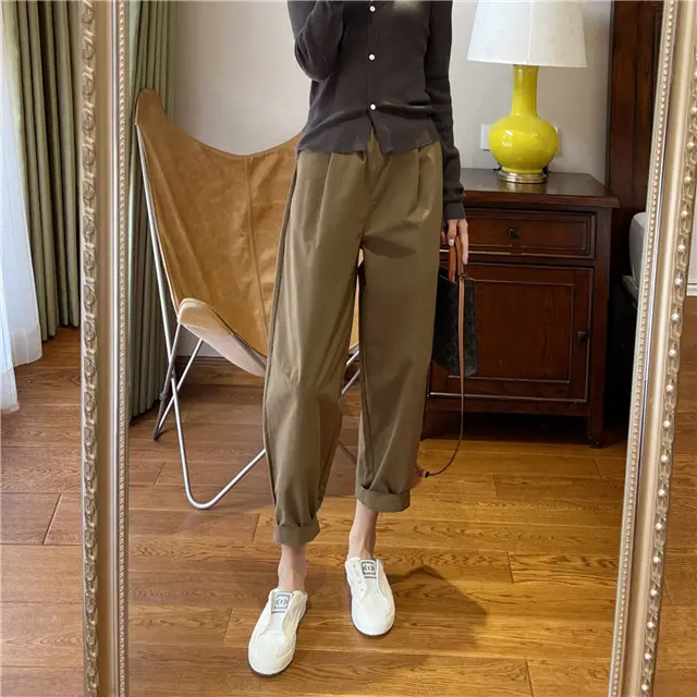 Spring And Autumn Super Soft Sanded Cotton Slimming Elastic Waist Loose Radish Pants Brown - Shop at LoveMi