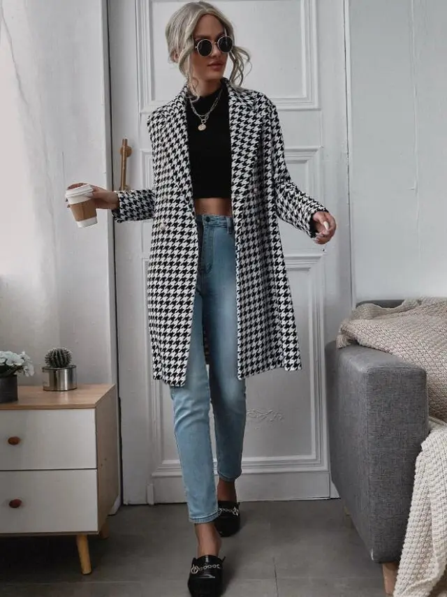 Winter New Mid length Houndstooth Pattern Printed Casual Double breasted Coat Houndstooth - Shop at LoveMi