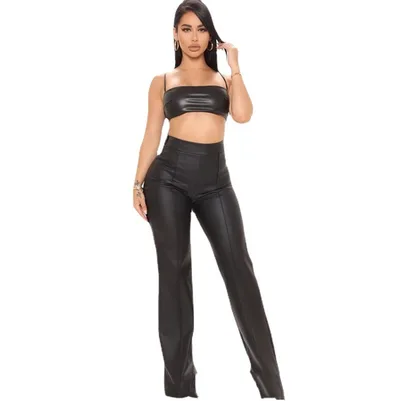 High Waist Loose Women's Faux Leather Black Zipper Leather Pants Black - Shop at LoveMi