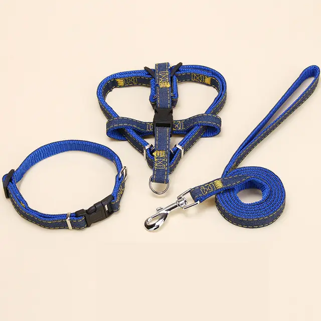 Denim Pet Leash Sewn Cloth Wear resistant Chest Strap Blue 3Piece Set - Shop at LoveMi