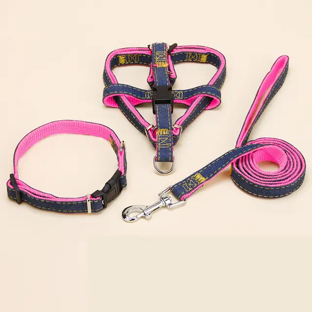 Denim Pet Leash Sewn Cloth Wear resistant Chest Strap Pink 3Piece Set - Shop at LoveMi