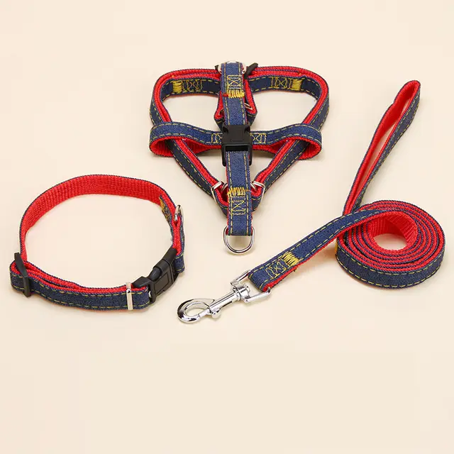 Denim Pet Leash Sewn Cloth Wear resistant Chest Strap Red 3Piece Set - Shop at LoveMi