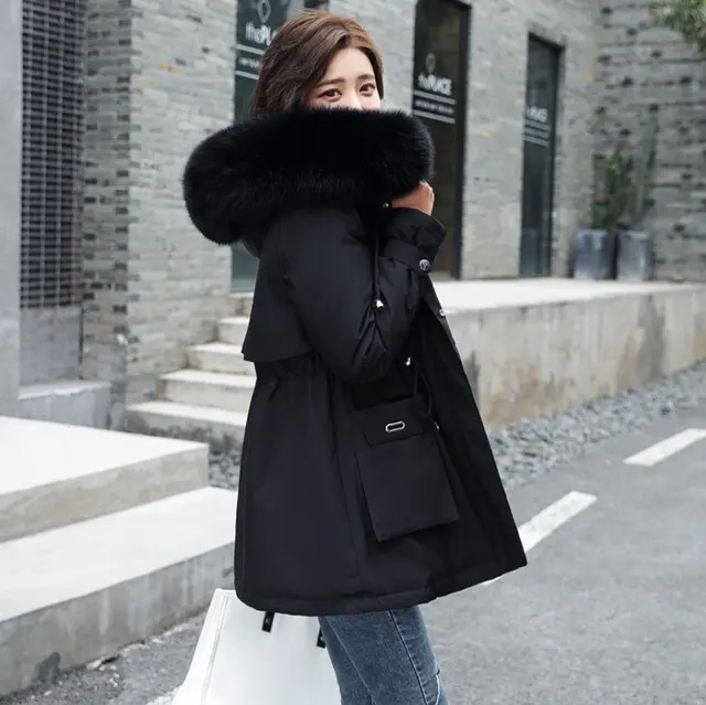 Oversized Fur Collar Cotton padded Coat Loose Plus Velvet Thickening Women Black - Shop at LoveMi
