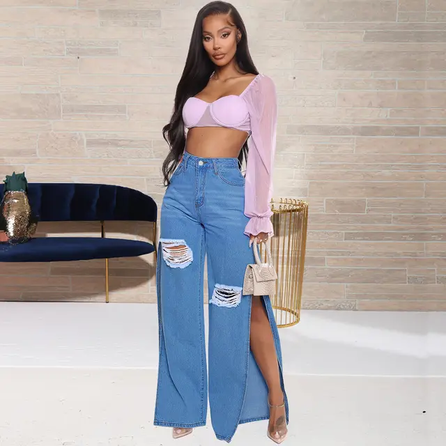 Summer Fashion Ripped Split Jeans Blue - Shop at LoveMi