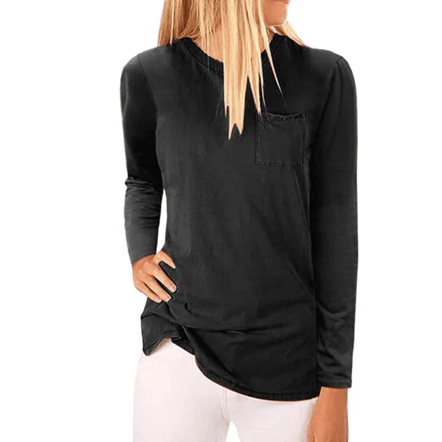 New Solid Color Round Neck Slim Mid length Pocket T shirt Bottoming Shirt Black - Shop at LoveMi