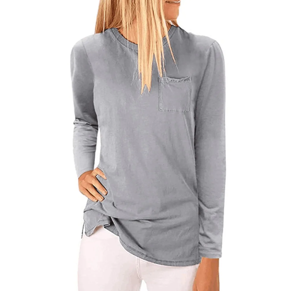 New Solid Color Round Neck Slim Mid-length Pocket T-shirt Bottoming Shirt - Grey