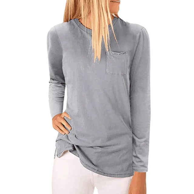 New Solid Color Round Neck Slim Mid length Pocket T shirt Bottoming Shirt Grey - Shop at LoveMi