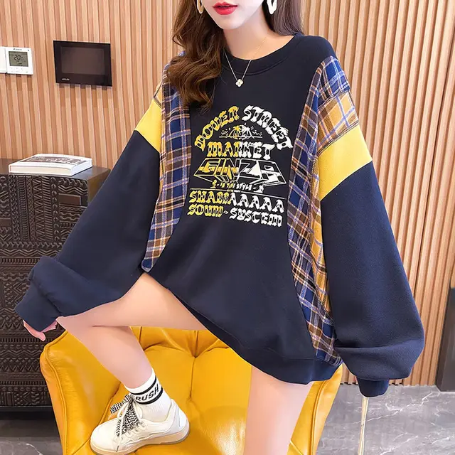Loose Long Sleeve Round Neck Letter Sweatshirt Dark Blue - Shop at LoveMi