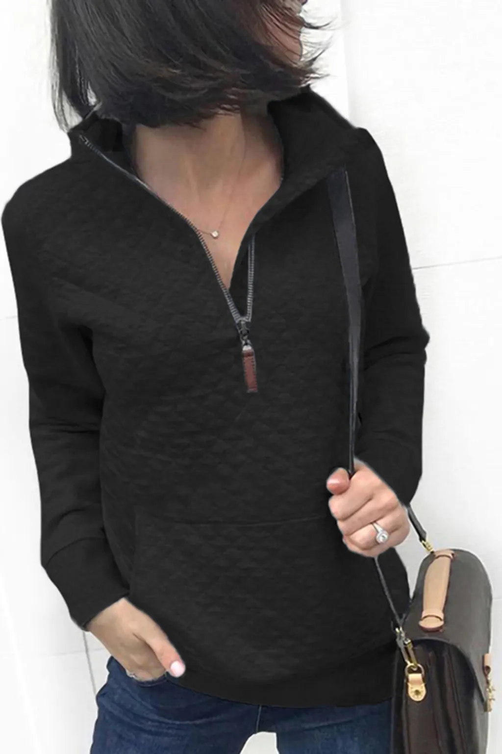 Fashion Pocket Zipper Long Sleeve Blouse Sweater - Black