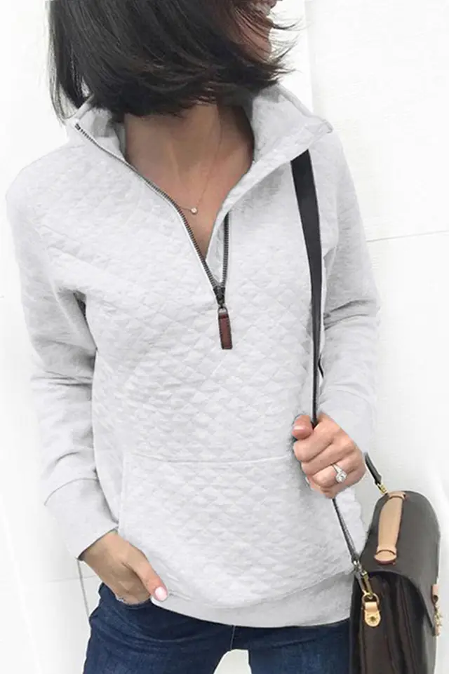 Fashion Pocket Zipper Long Sleeve Blouse Sweater White - Shop at LoveMi