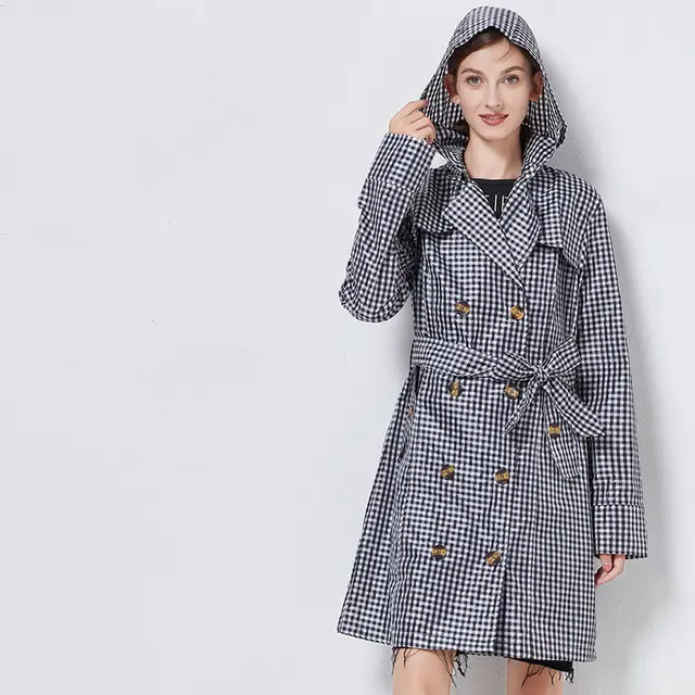 Retro British Style Women's Raincoat Fashion Big Belt Waist Black Plaid - Shop at LoveMi