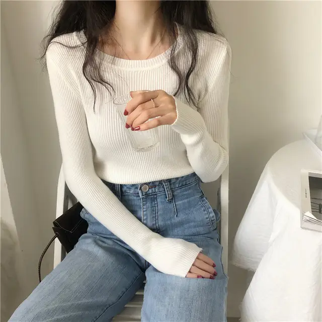 Round Neck Inner Bottoming Shirt Pullover Round Neck Sweater White - Shop at LoveMi
