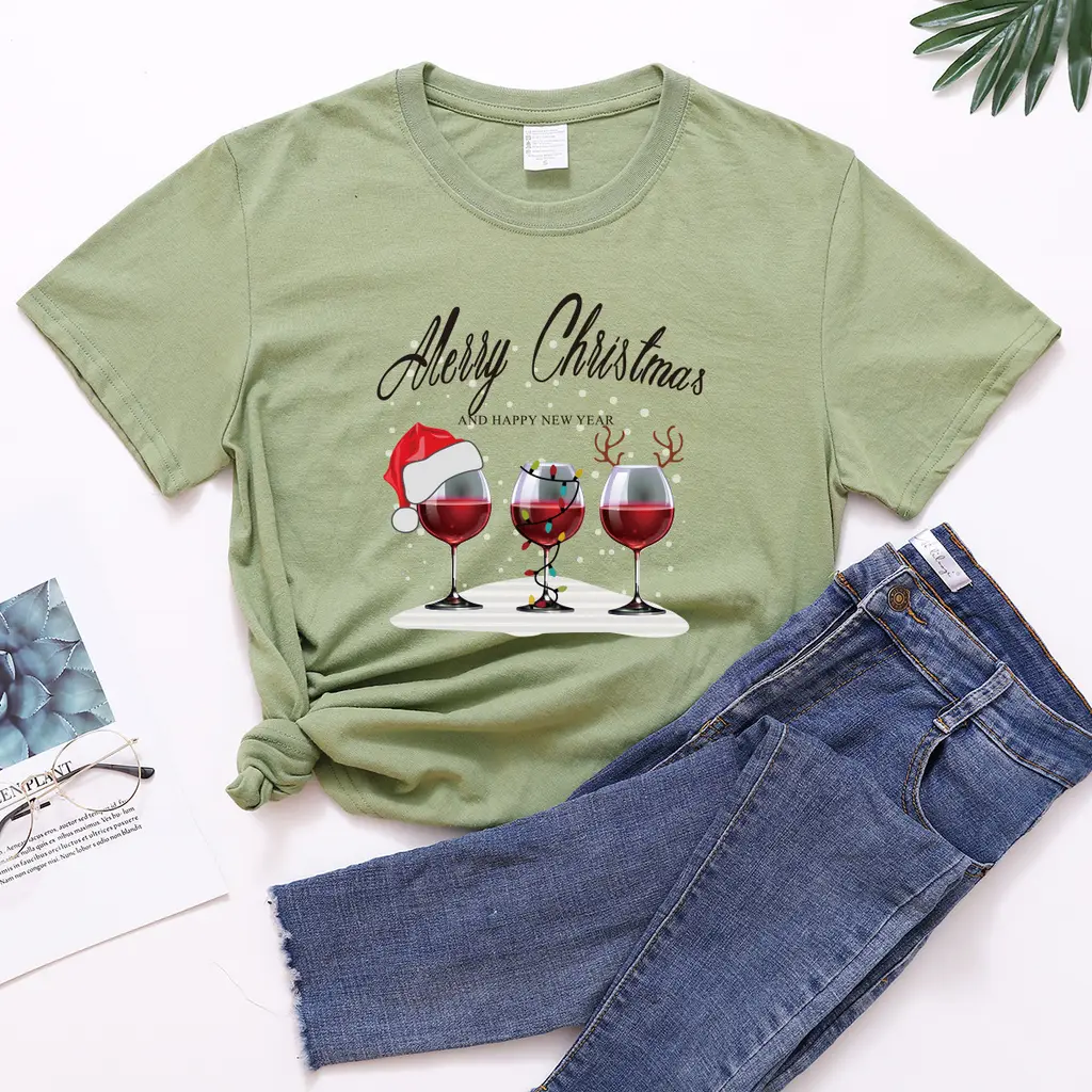 Christmas Three Wine Glasses Print Short Sleeve - Army Green