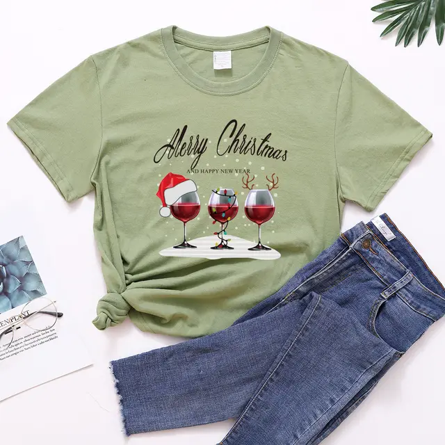 Christmas Three Wine Glasses Print Short Sleeve Army Green - Shop at LoveMi