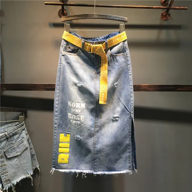 Mid length Denim Skirt With Broken Holes And Split Ends Denim Blue - Shop at LoveMi