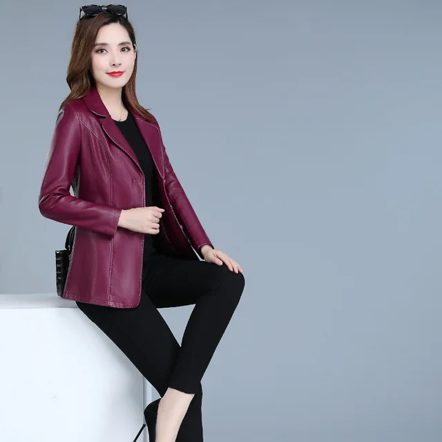 Short Leather Jacket Women Suit Collar Slim Fit Red Wine - Shop at LoveMi
