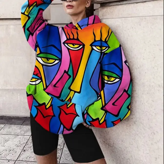 Casual Hooded Loose Abstract Printed Women's Sweatshirt Photo Color - Shop at LoveMi