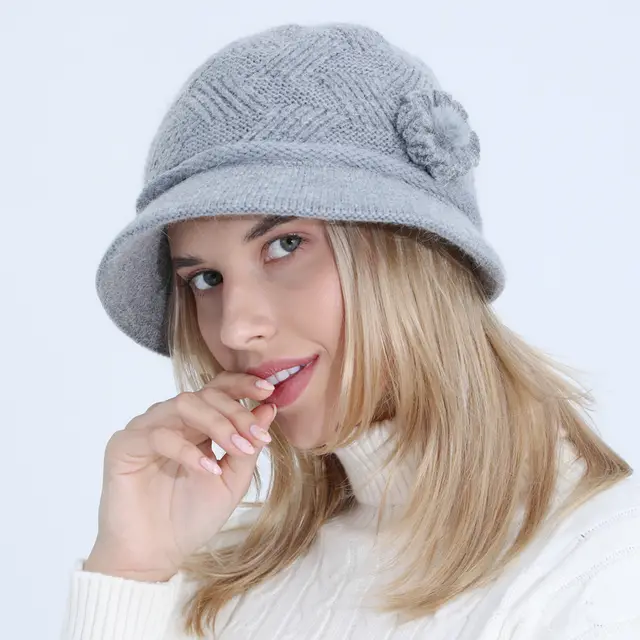 Knitted Hat New Ladies Autumn And Winter Flowers Mother Rabbit Woolen Pot Hat Plus Velvet Light Grey - Shop at LoveMi