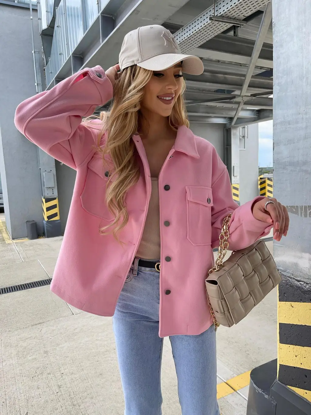 European And American New Fashion Solid Color Single-breasted Woolen Coat - Pink