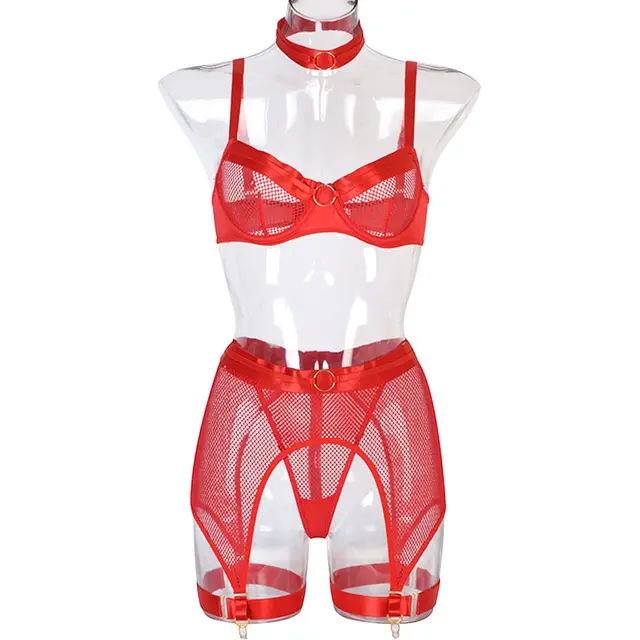 Sexy Lingerie Four Piece Mesh Metal Stitching Red - Shop at LoveMi
