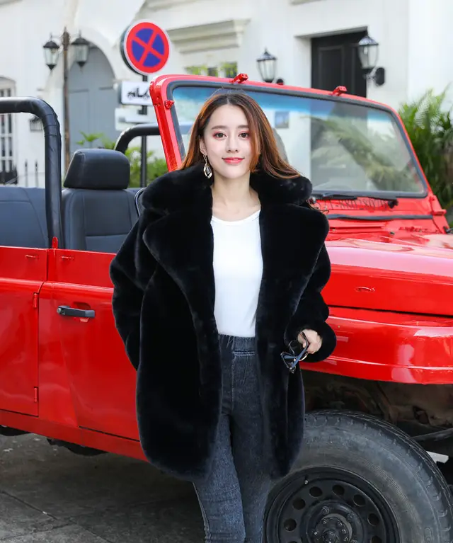New Female Imitation Rabbit Fur Loose Lapel Coat Black - Shop at LoveMi