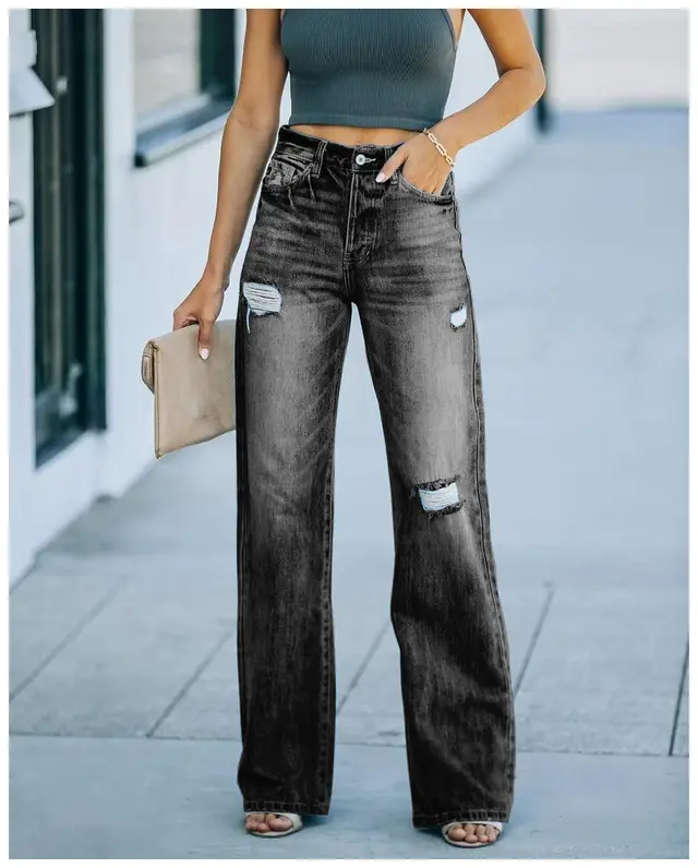 Summer Casual Wide leg Pants Mid waist Women's Wash Water Ripped Denim Trousers Black - Shop at LoveMi