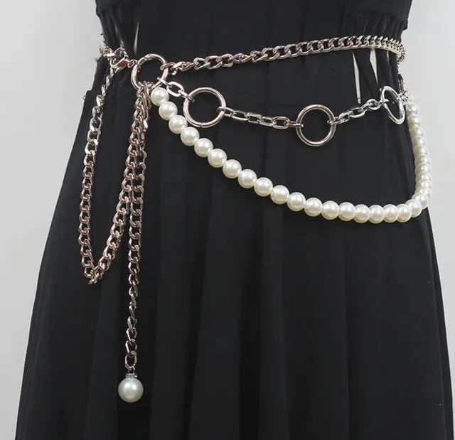 Fashion All match Pearl Waist Chain Decoration Dress With Skirt Thin Belt Accessories Silver - Shop at LoveMi