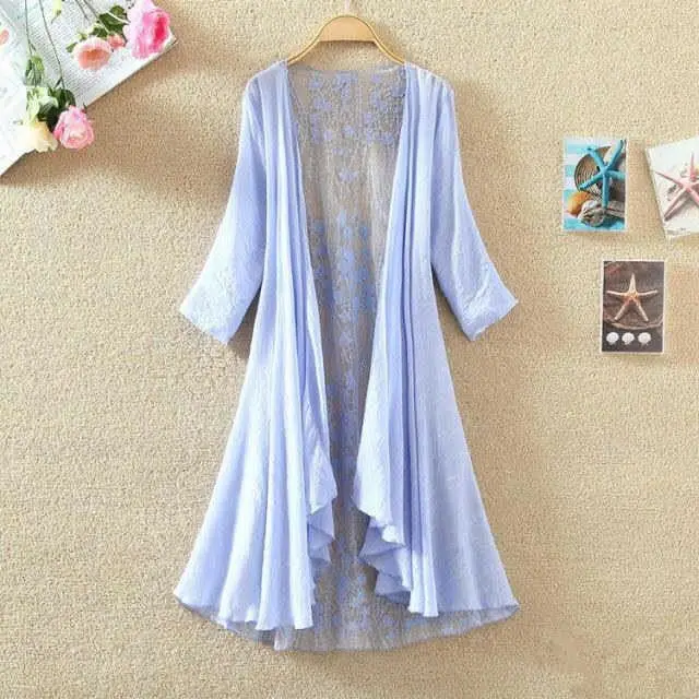 Womens Hollow Loose Loose Sunscreen Air Conditioning Shirt Thin Coat Light Blue - Shop at LoveMi