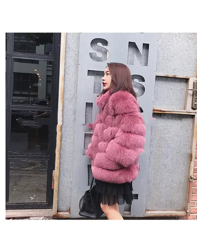 New Haining Fur Coat Women Winter Mid Length Rose Red - Shop at LoveMi