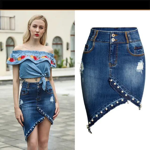 Irregular Beaded Pearl Denim Skirt Dark Blue - Shop at LoveMi