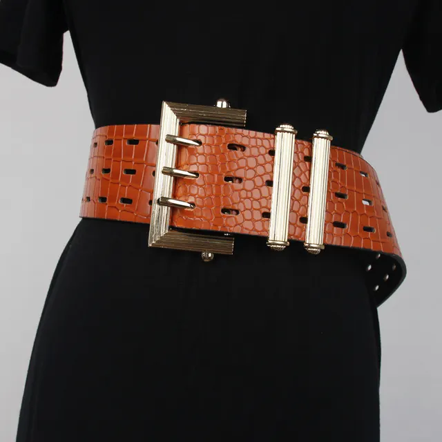 Suit Belt Retro Three pin Buckle Snake Pattern Leather Simple With Sweater Dress Waist Camel - Shop at LoveMi