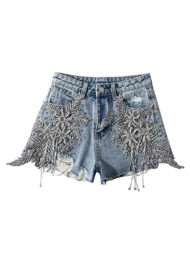 Ripped Jeans With Diamond Flowers Blue - Shop at LoveMi