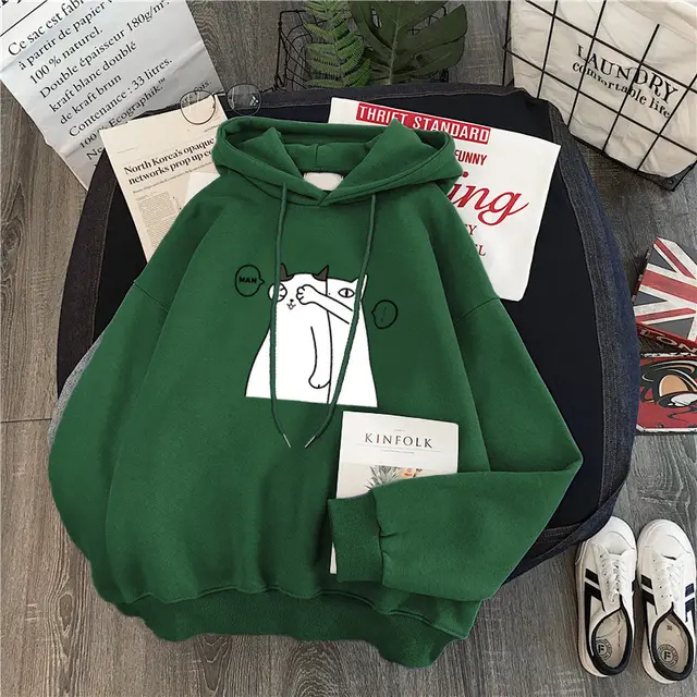 Women's Student Hooded Plus Velvet Padded Jacket Sweater Dark Green - Shop at LoveMi