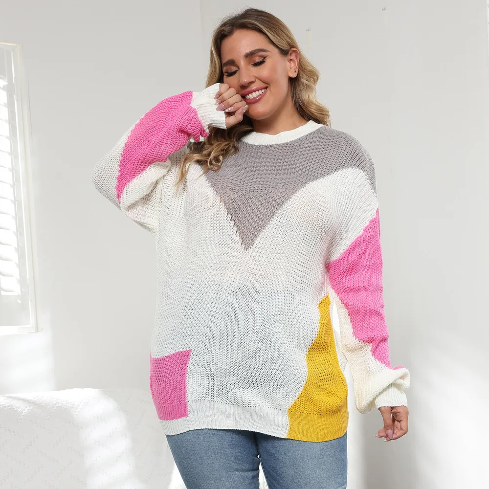 Women's Plus Size Contrast Stitching Pullover Sweater Color Matching - Shop at LoveMi