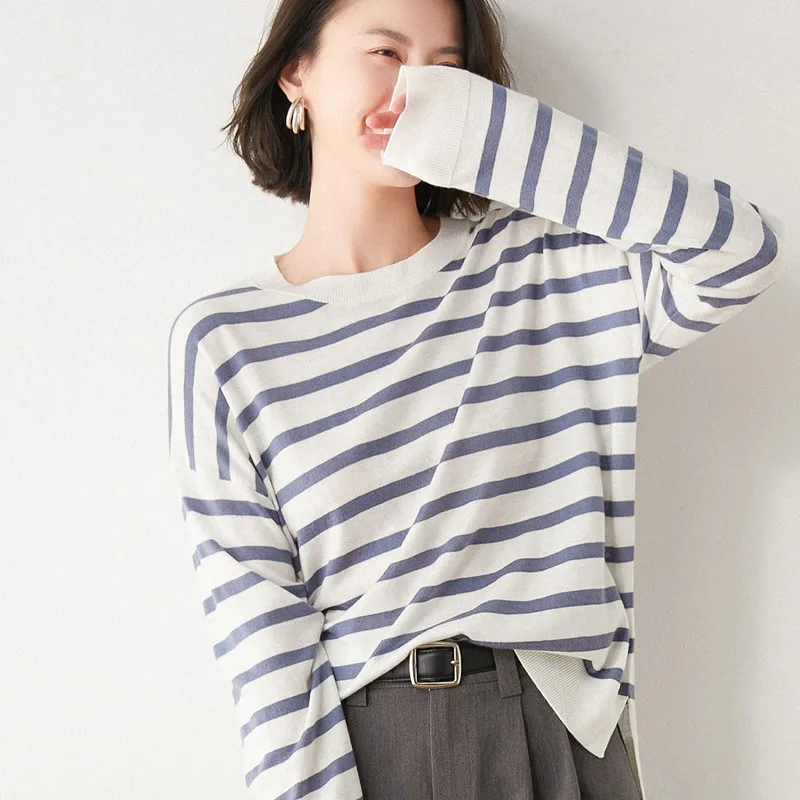Long Sleeved T Shirt Women Round Neck Striped Sweater - Blue