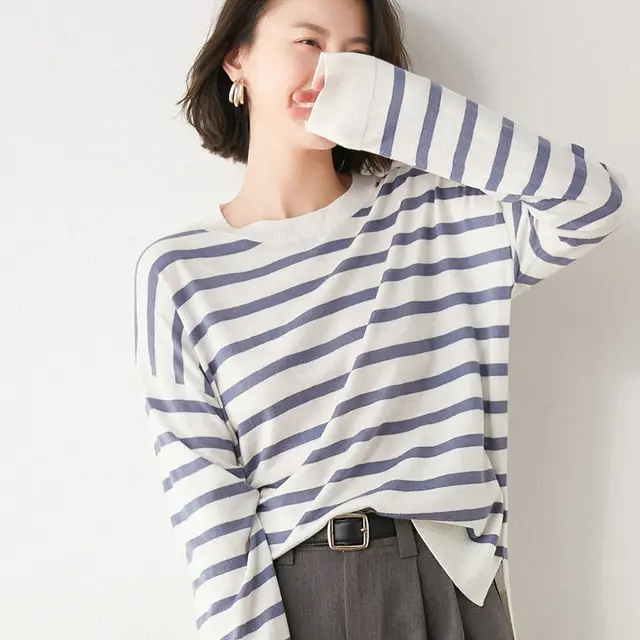 Long Sleeved T Shirt Women Round Neck Striped Sweater Blue - Shop at LoveMi