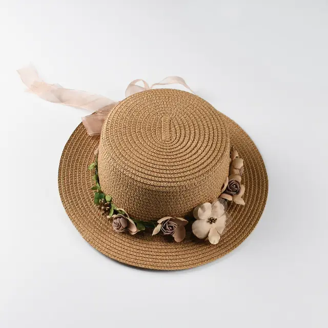 Spring And Summer New Style Flat Top Wreath Ladies Short Brim Hat Khaki - Shop at LoveMi