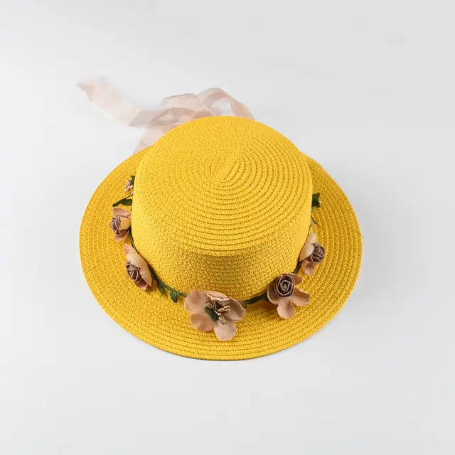 Spring And Summer New Style Flat Top Wreath Ladies Short Brim Hat Yellow - Shop at LoveMi